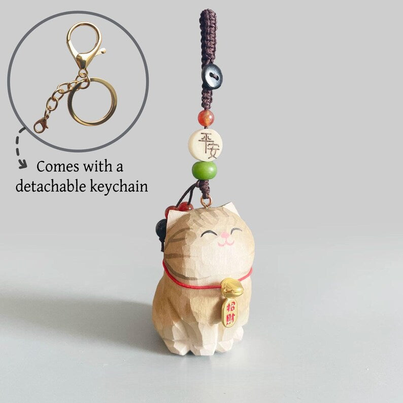 Handgeschnitzte große Katze aus Holz Schlüsselbund, handbemalte Figur, Taschenanhänger, Haustier Schlüsselbund, handgemachte Schmuckstücke