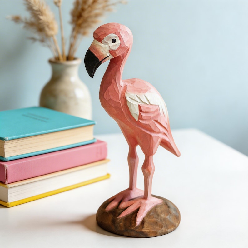 Holz Flamingo Figur Rosa, 16 cm, tropische Vogel Regal Dekoration