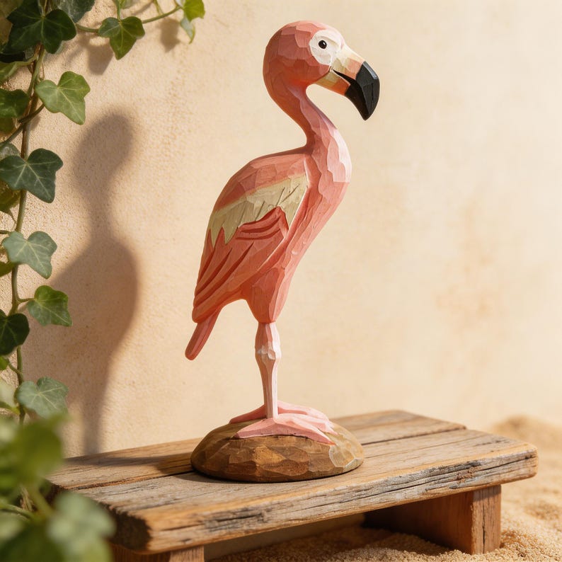 Holz Flamingo Figur Rosa, 16 cm, tropische Vogel Regal Dekoration