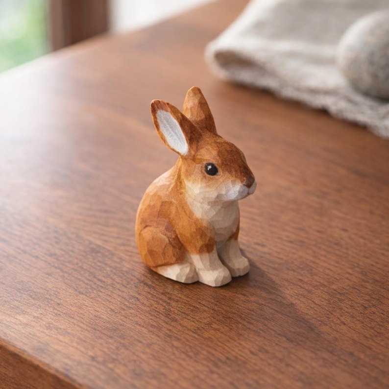Handgeschnitzte hölzerne Häschenfigur, Mini-Kaninchenstatue, Waldtierdekor, 4,7 cm
