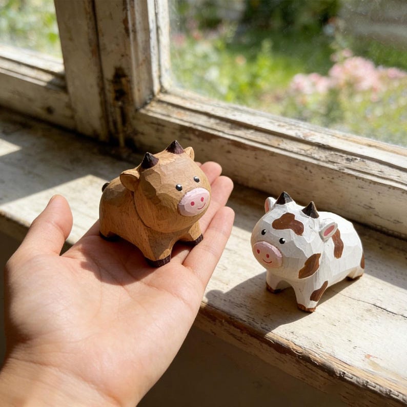 Handgeschnitzte hölzerne Kuhfigur, Miniatur Bauernhoftierskulptur, Cottagecore Bauernhaus Dekoration