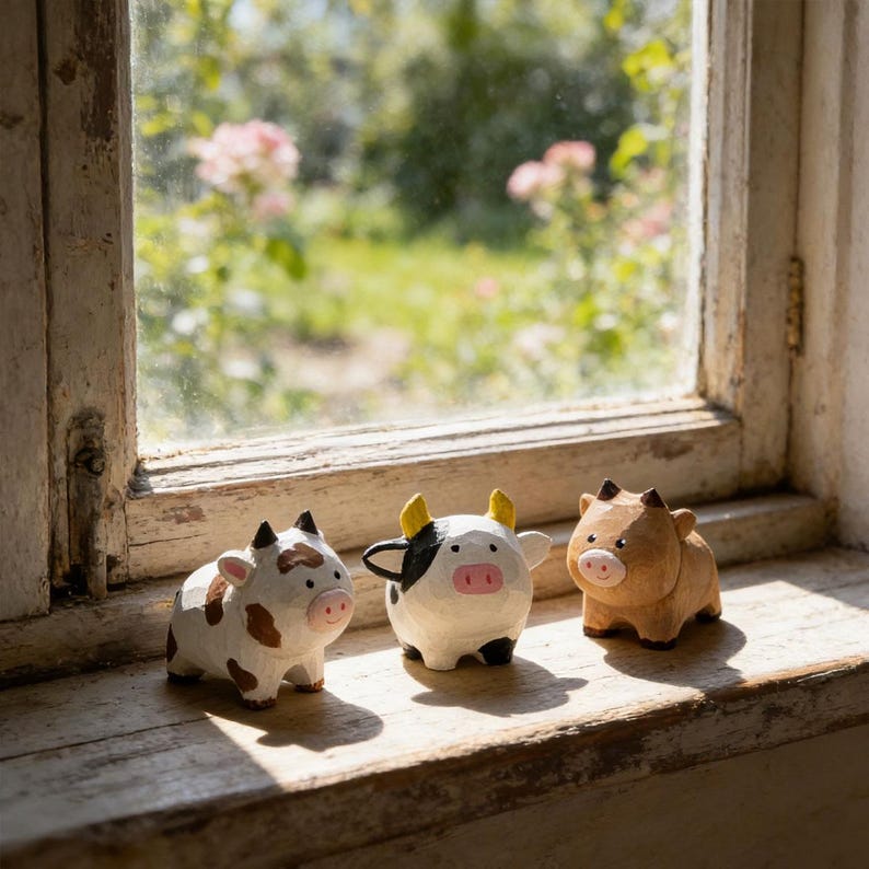 Handgeschnitzte hölzerne Kuhfigur, Miniatur Bauernhoftierskulptur, Cottagecore Bauernhaus Dekoration