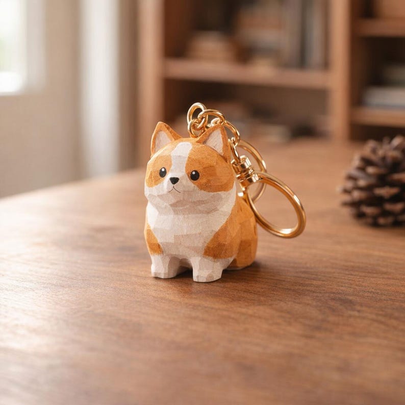 Hölzerne Corgis-Figur, handgeschnitztes Hundedekor, kleiner Schlüsselanhänger, Corgis-Geschenk