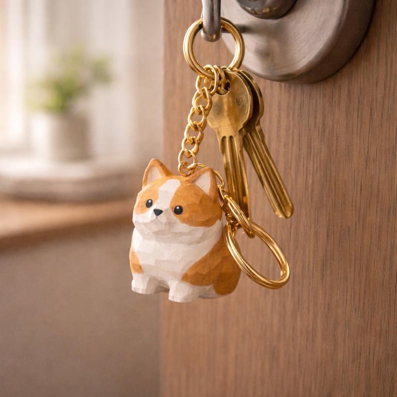 Hölzerne Corgis-Figur, handgeschnitztes Hundedekor, kleiner Schlüsselanhänger, Corgis-Geschenk