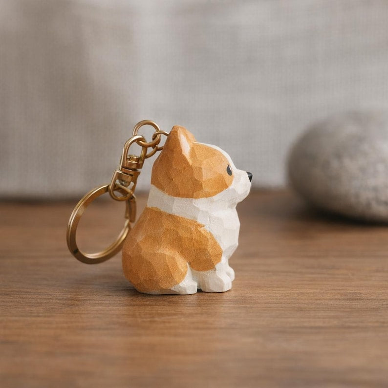 Hölzerne Corgis-Figur, handgeschnitztes Hundedekor, kleiner Schlüsselanhänger, Corgis-Geschenk