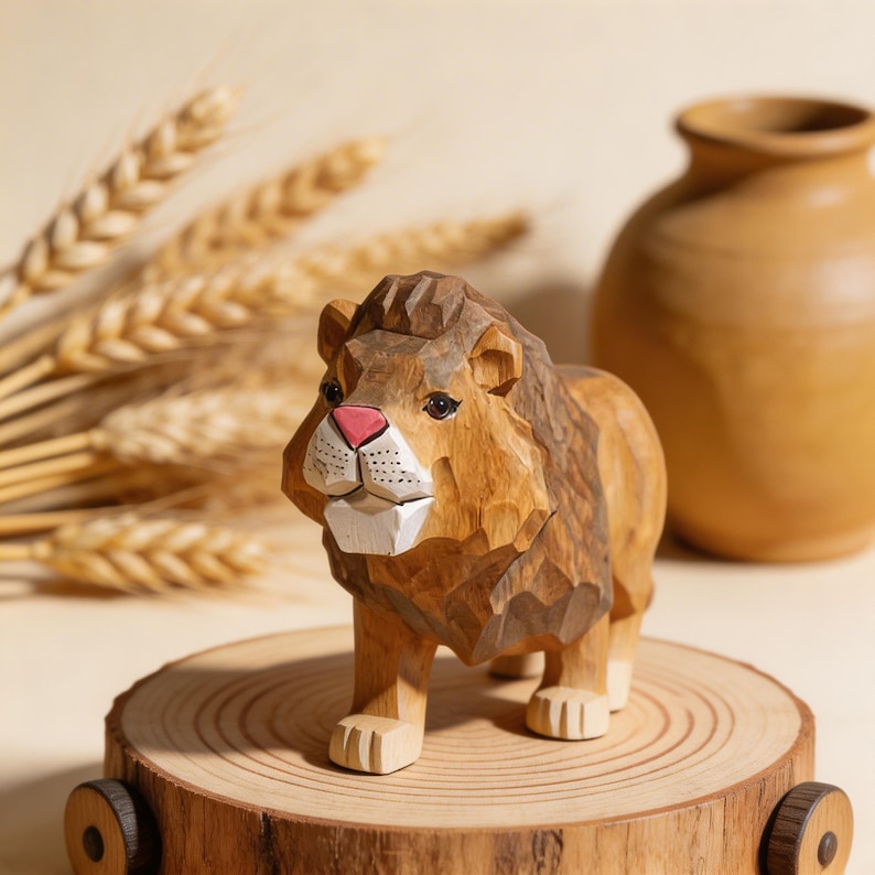 Handgeschnitzte hölzerne Löwenfigur, Safaritier-Regaldekor, Kinderzimmer-Dekor, Waldlöwenstatue, 10 cm