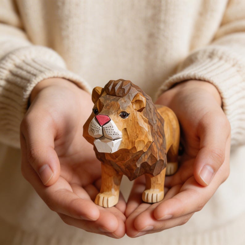 Handgeschnitzte hölzerne Löwenfigur, Safaritier-Regaldekor, Kinderzimmer-Dekor, Waldlöwenstatue, 10 cm
