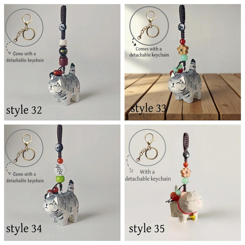 Handgefertigte hölzerne große Katze Schlüsselanhänger, Glücksbringer, Taschenanhänger, Auto-Schlüsselring, Handykette, handgemachter Schmuck für Katzenliebhaber