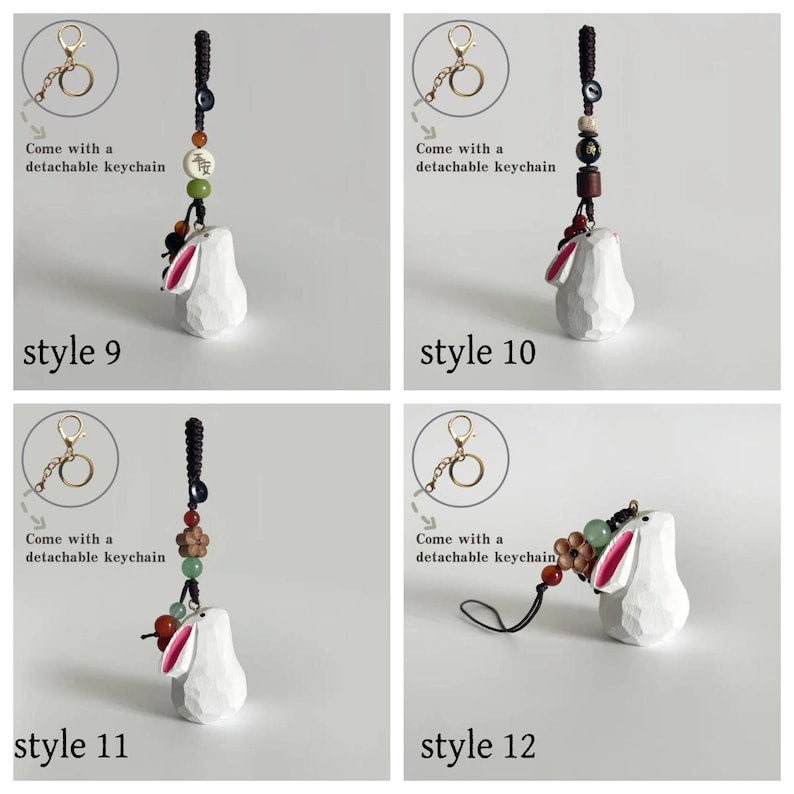 Handgeschnitzter hölzerner Kaninchen Schlüsselbund mit personalisiertem Namen, handgefertigter Taschenanhänger, Telefonkette, Auto-Charm, Geschenk
