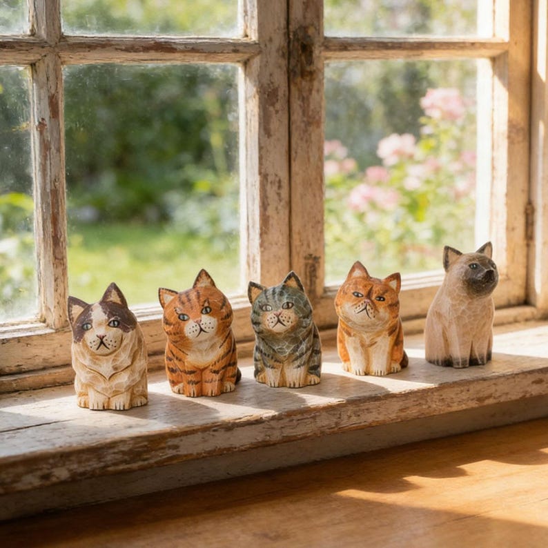 Handgeschnitzte hölzerne Katzenskulptur, Cottagecore Tierminiatur