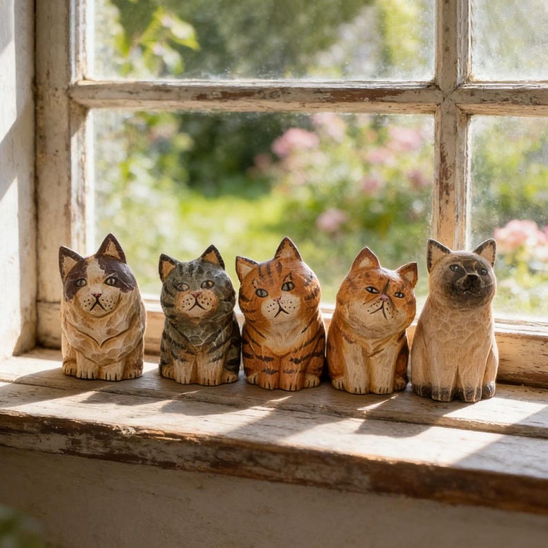 Handgeschnitzte hölzerne Katzenskulptur, Cottagecore Tierminiatur