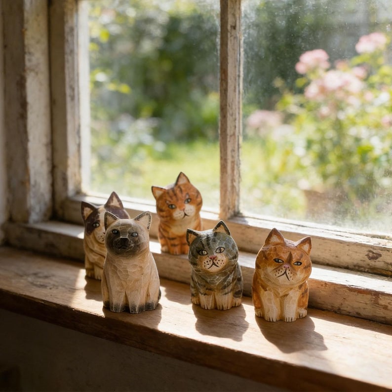 Handgeschnitzte hölzerne Katzenskulptur, Cottagecore Tierminiatur