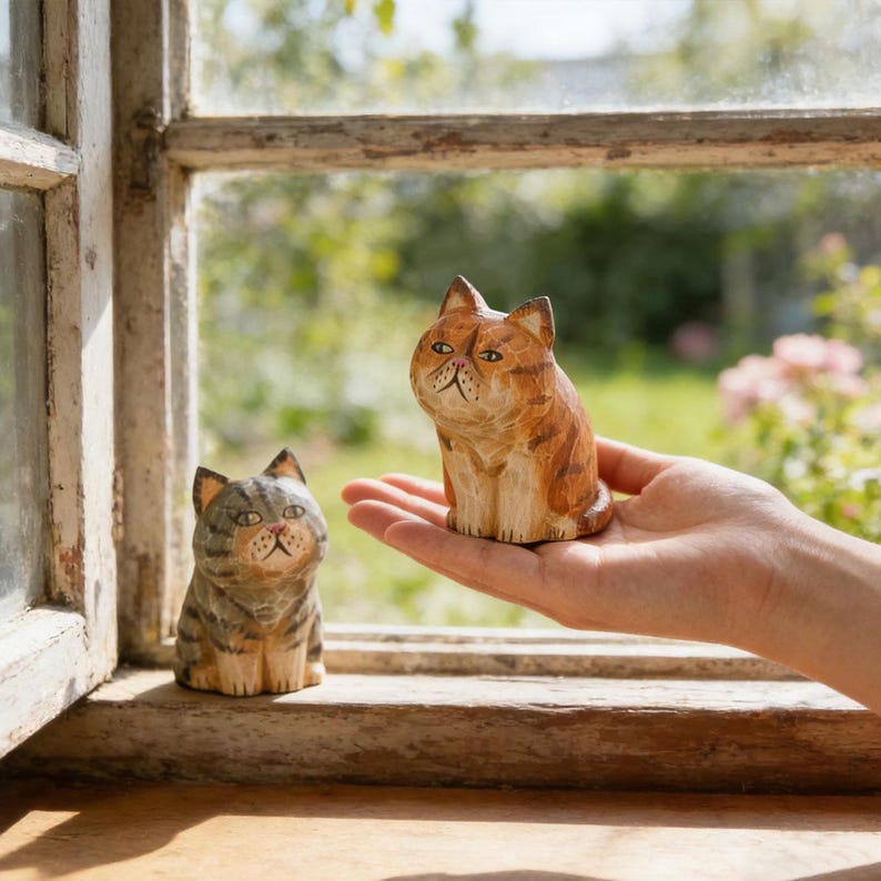 Handgeschnitzte hölzerne Katzenskulptur, Cottagecore Tierminiatur