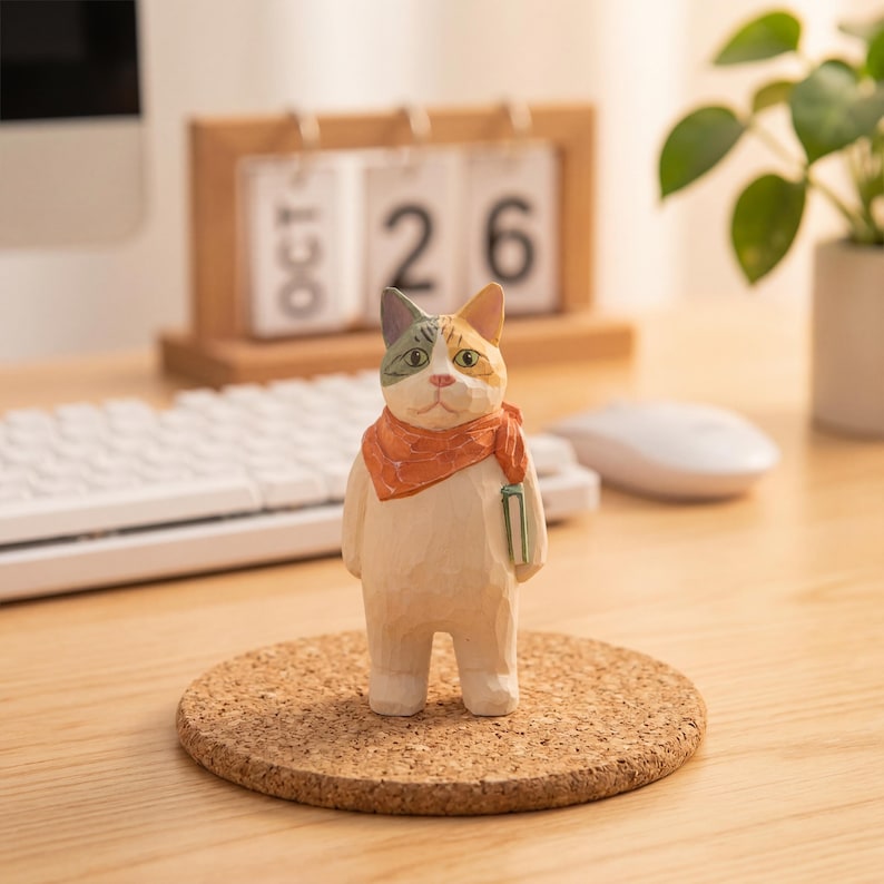 Handbemalte Holzskulptur Bücherwurm Katzenfigur, Leseratte Dekor, Lehrer Geschenk, Buchclub Geschenk, Abschlussfeier 2026