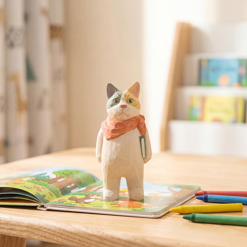 Handbemalte Holzskulptur Bücherwurm Katzenfigur, Leseratte Dekor, Lehrer Geschenk, Buchclub Geschenk, Abschlussfeier 2026