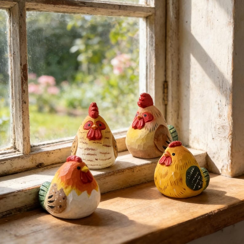 Handgeschnitzte hölzerne Hühnerfigur, handgemachte Bauernhaushuhndekoration, rustikale Hahnverzierung, Cottagecore Küchendekor