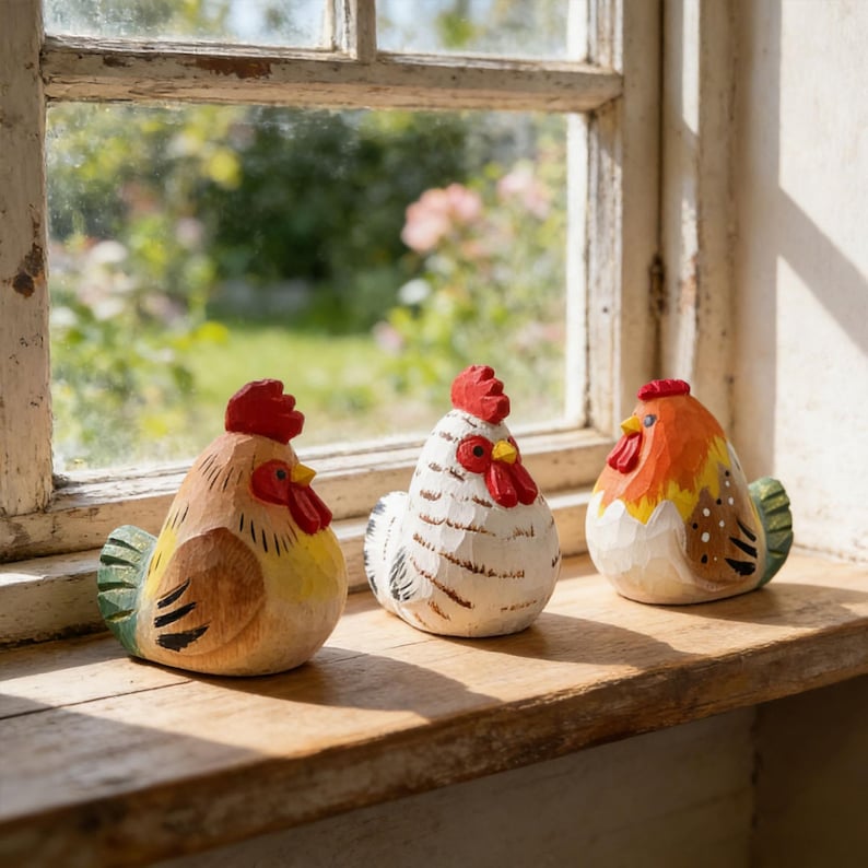 Handgeschnitzte hölzerne Hühnerfigur, handgemachte Bauernhaushuhndekoration, rustikale Hahnverzierung, Cottagecore Küchendekor