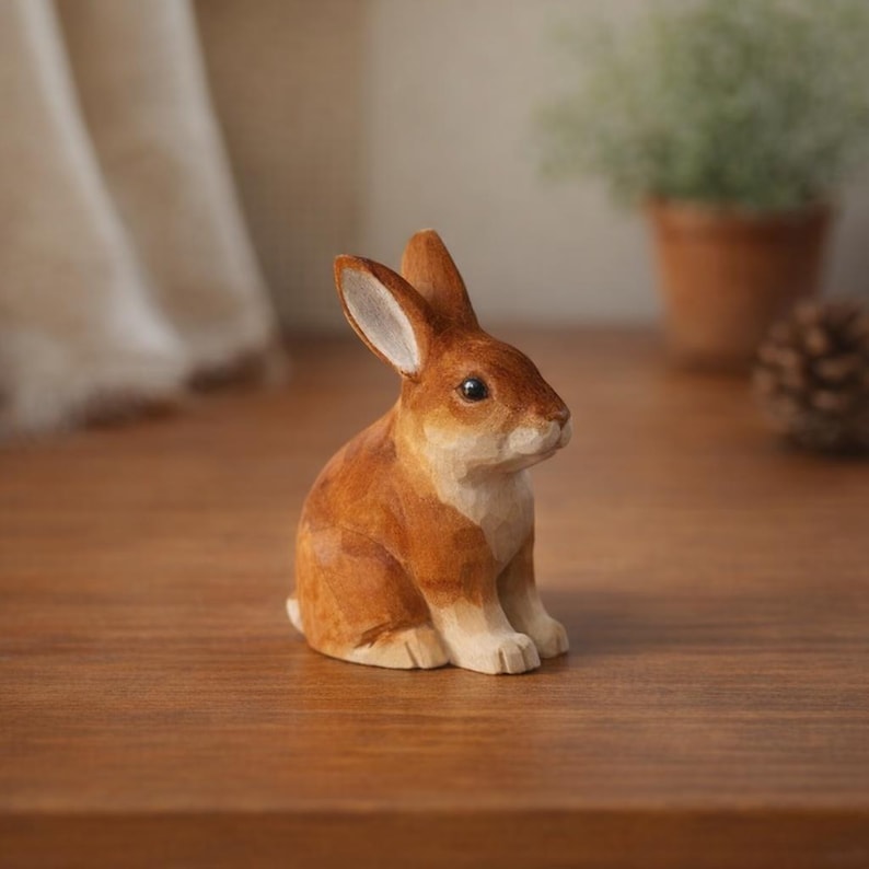 Handgeschnitzte hölzerne Häschenfigur, Mini-Kaninchenstatue, Waldtierdekor, 4,7 cm