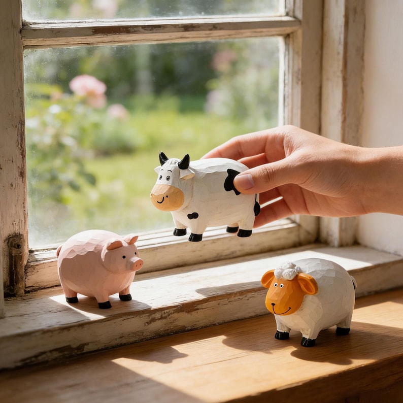 Handgeschnitzte hölzerne Bauernhof Tierfiguren Schwein Schaf Kuh Zebra Giraffe Dekor, 5,6 cm Länge, 7,9 cm Breite, 8,7 cm Höhe