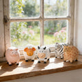 Handgeschnitzte hölzerne Bauernhof Tierfiguren Schwein Schaf Kuh Zebra Giraffe Dekor, 5,6 cm Länge, 7,9 cm Breite, 8,7 cm Höhe