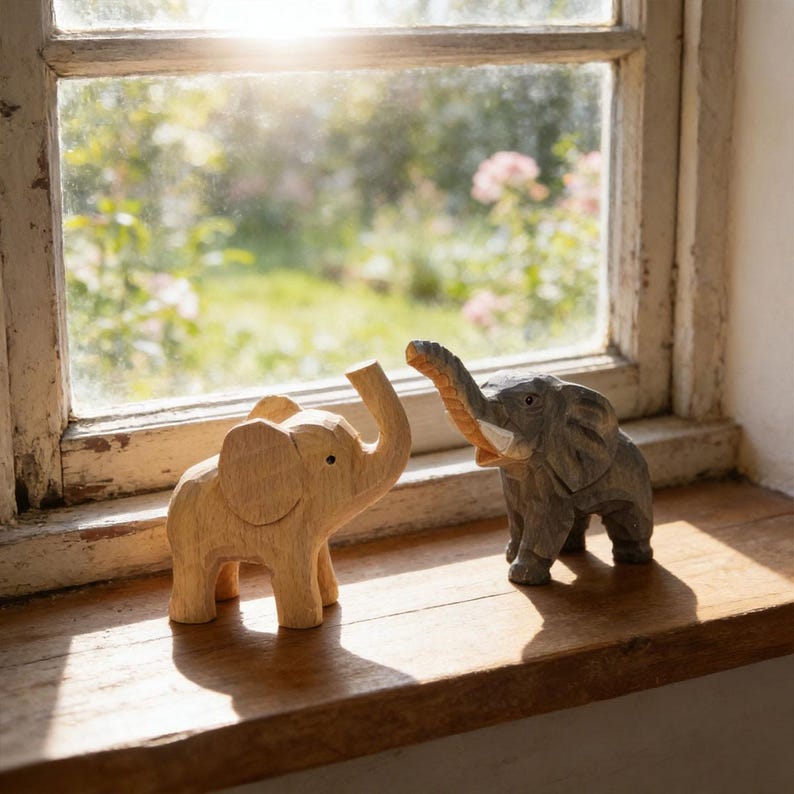 Handgeschnitzte hölzerne Elefantfigur, Cottagecore Tierskulptur, Glücksbringer Dekor, 9 cm