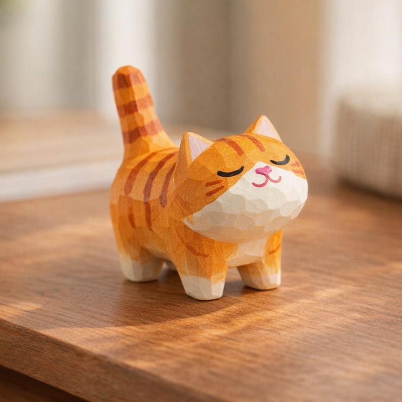 Handgeschnitzte Holzkatzenfiguren, kleines Katzendekor aus Naturholz, 4,3 cm, freistehend