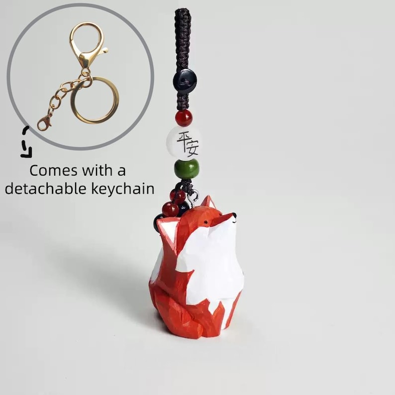 Handgefertigter Holzfuchs Schlüsselanhänger mit Kristallperlen, gewebter Taschenanhänger, Telefonkette, Auto Anhänger, aus Lindenholz