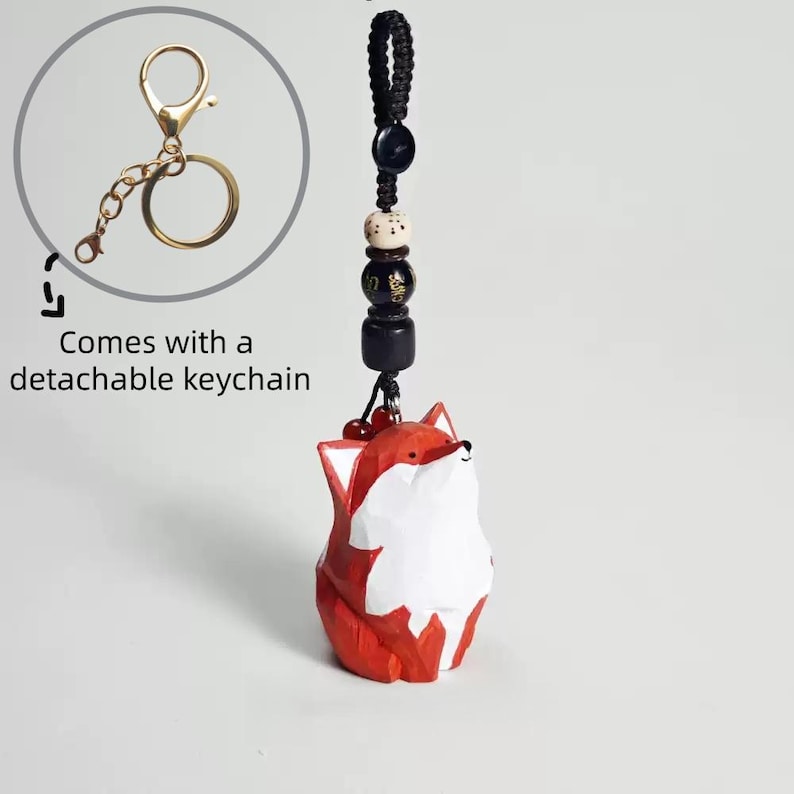Handgefertigter Holzfuchs Schlüsselanhänger mit Kristallperlen, gewebter Taschenanhänger, Telefonkette, Auto Anhänger, aus Lindenholz