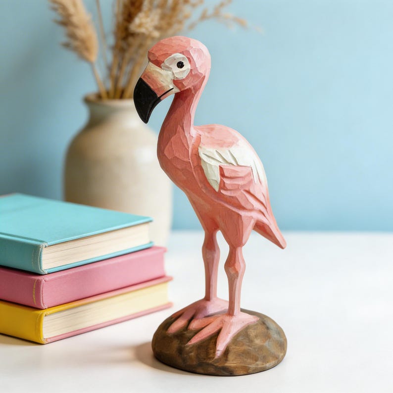 Holz Flamingo Figur Rosa, 16 cm, tropische Vogel Regal Dekoration