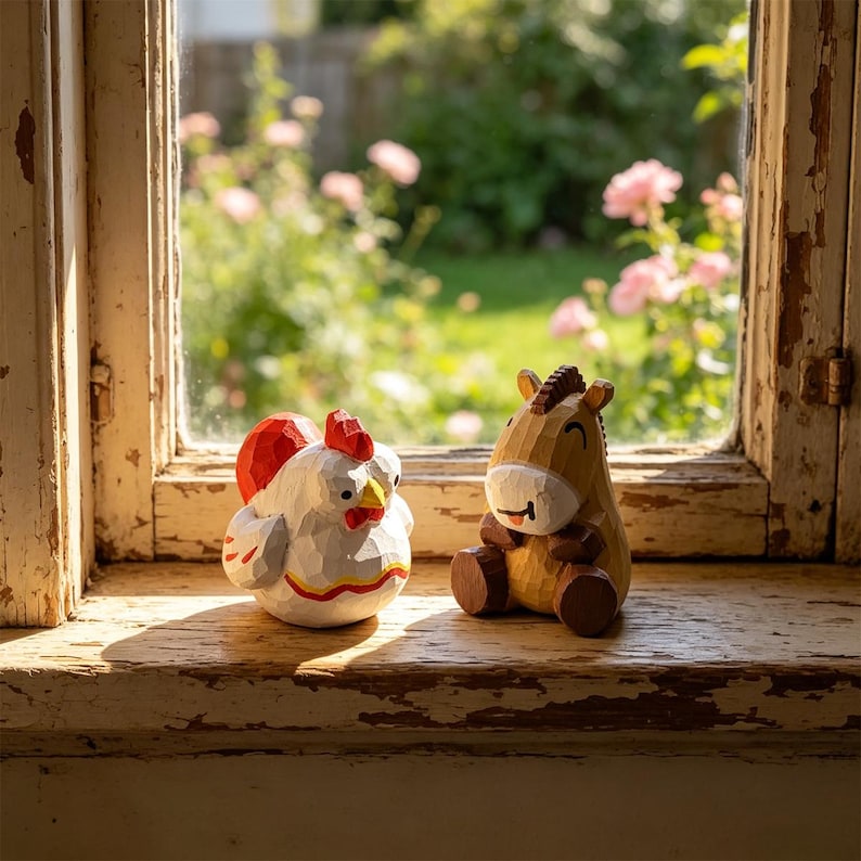 Handgeschnitzte hölzerne Bauernhoftierfiguren – Mini Kuh, Schwein, Schaf, Huhn, Pferd – Handgefertigtes Tierdekor, 4 cm
