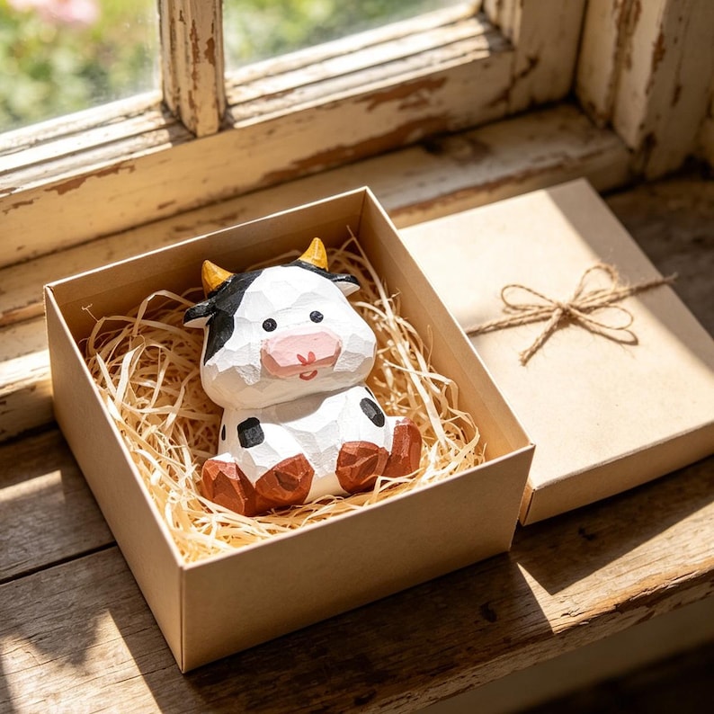 Handgeschnitzte hölzerne Bauernhoftierfiguren – Mini Kuh, Schwein, Schaf, Huhn, Pferd – Handgefertigtes Tierdekor, 4 cm