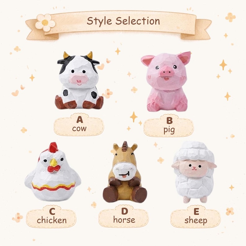 Handgeschnitzte hölzerne Bauernhoftierfiguren – Mini Kuh, Schwein, Schaf, Huhn, Pferd – Handgefertigtes Tierdekor, 4 cm