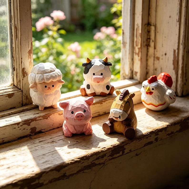 Handgeschnitzte hölzerne Bauernhoftierfiguren – Mini Kuh, Schwein, Schaf, Huhn, Pferd – Handgefertigtes Tierdekor, 4 cm