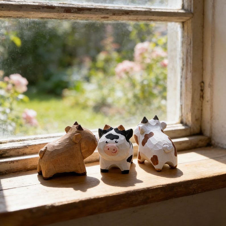 Handgeschnitzte hölzerne Kuhfigur, Miniatur Bauernhoftierskulptur, Cottagecore Bauernhaus Dekoration