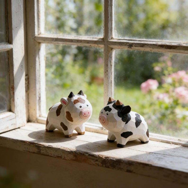 Handgeschnitzte hölzerne Kuhfigur, Miniatur Bauernhoftierskulptur, Cottagecore Bauernhaus Dekoration