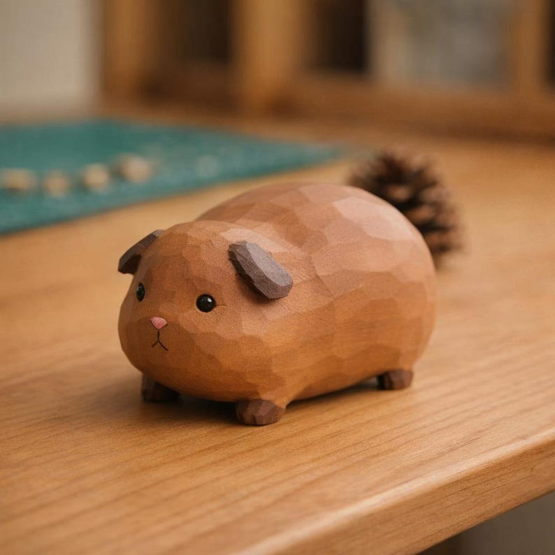 Handgefertigte Holzfigurine Meerschweinchen 8,2 cm - Tierdekoration für Schreibtisch, Regal