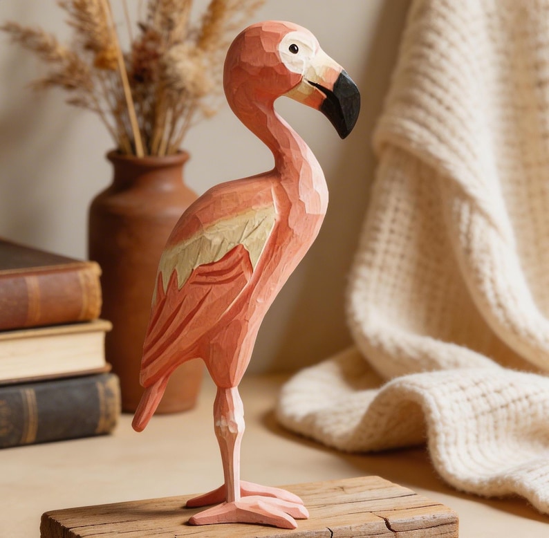 Holz Flamingo Figur Rosa, 16 cm, tropische Vogel Regal Dekoration