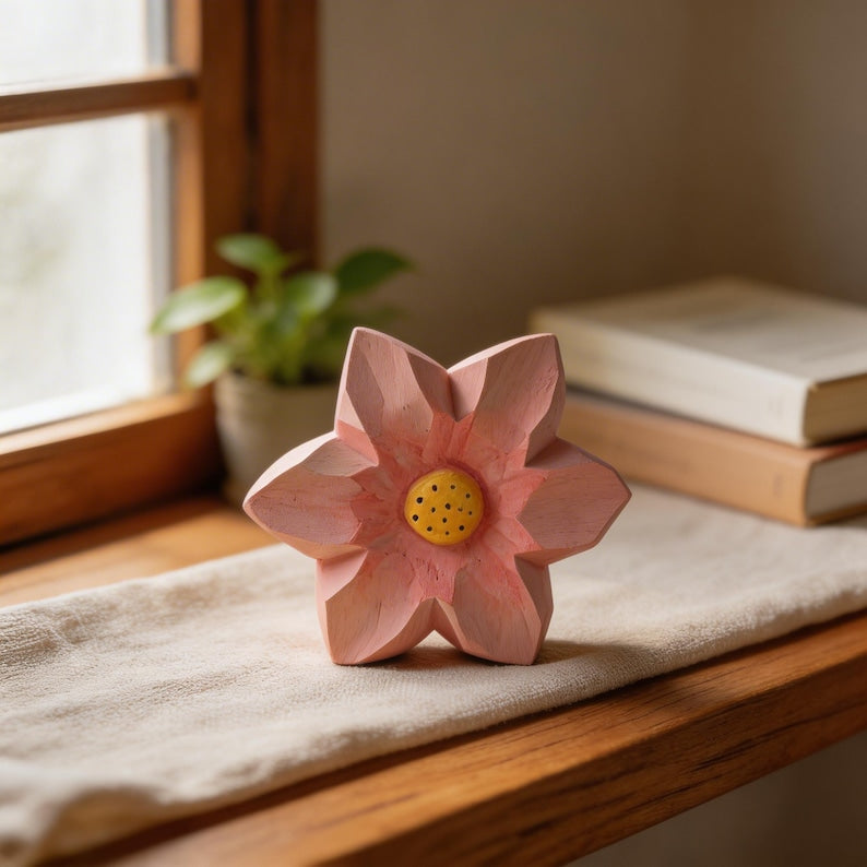 Rosa Handgefertigte Holzblumendekor, Geschnitzte Blumenverzierung, Botanische Regaldekoration