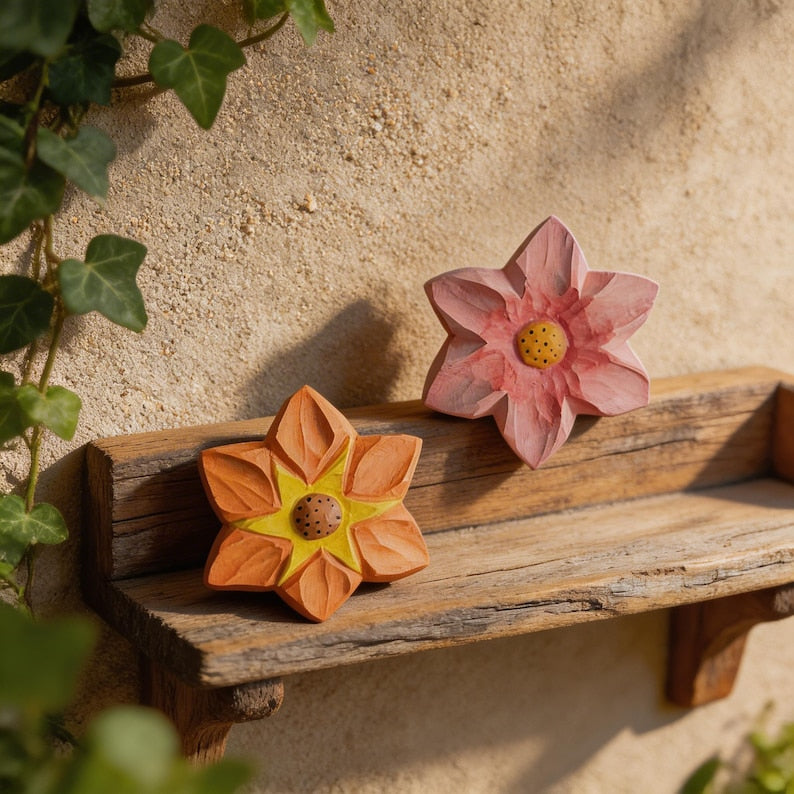 Rosa Handgefertigte Holzblumendekor, Geschnitzte Blumenverzierung, Botanische Regaldekoration