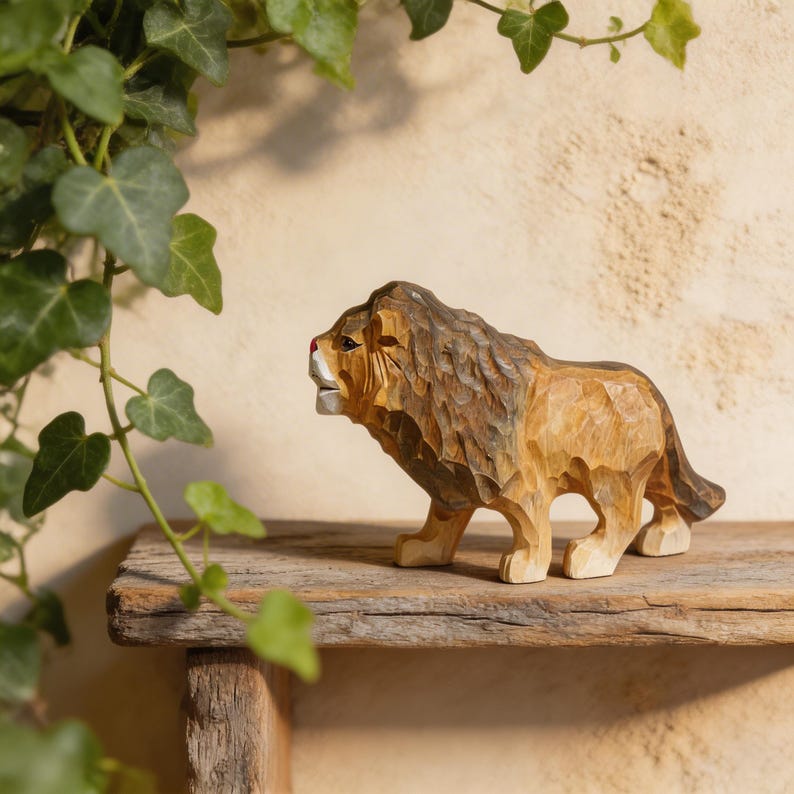 Handgeschnitzte hölzerne Löwenfigur, Safaritier-Regaldekor, Kinderzimmer-Dekor, Waldlöwenstatue, 10 cm