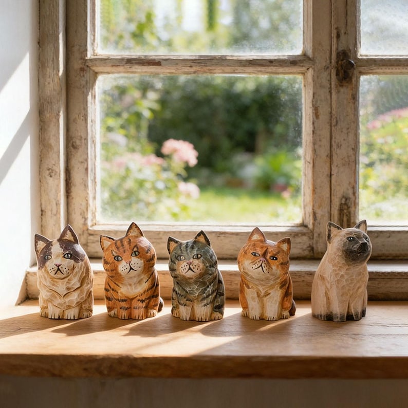 Handgeschnitzte hölzerne Katzenskulptur, Cottagecore Tierminiatur