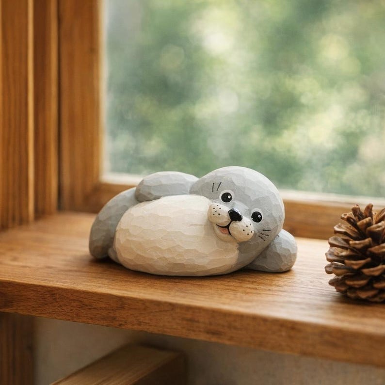 Handgefertigte Holzrobbe Figur | Holzsiegel Dekor | Küstentier Ornament | Schreibtisch Regal Dekor