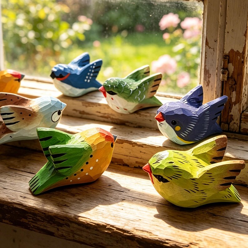 Handgeschnitzte hölzerne Vogelskulptur, buntes Tierornament, Cottagecore, 5 cm