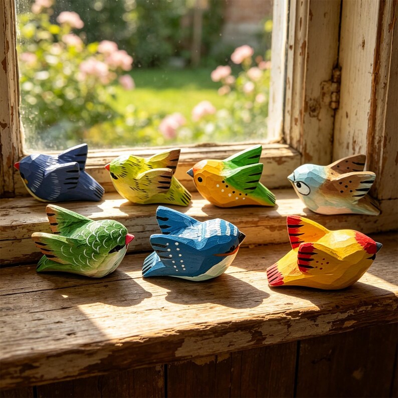 Handgeschnitzte hölzerne Vogelskulptur, buntes Tierornament, Cottagecore, 5 cm