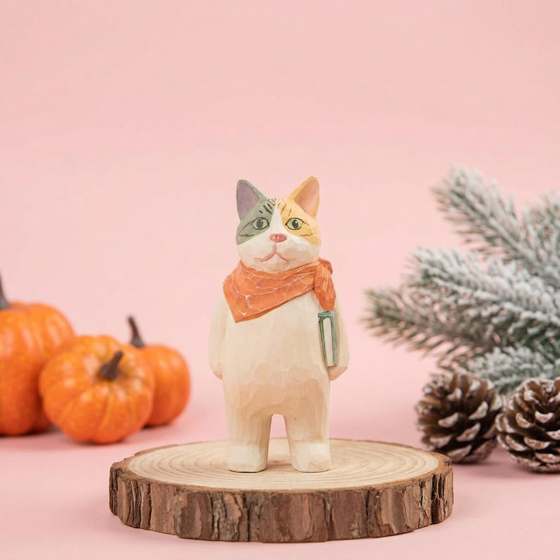 Handbemalte Holzskulptur Bücherwurm Katzenfigur, Leseratte Dekor, Lehrer Geschenk, Buchclub Geschenk, Abschlussfeier 2026