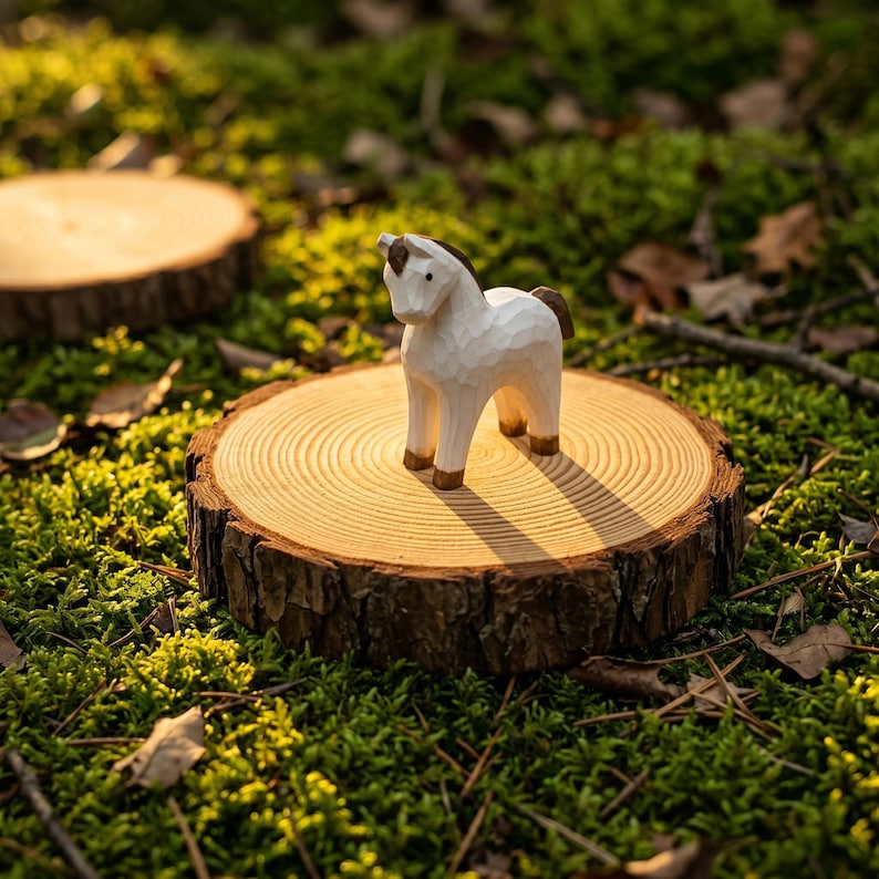 Weißes Pferd Holzfigur, Kopf Up Pose, Handgeschnitzte Low-Poly Schreibtischskulptur, Naturholz mit Weißem Finish