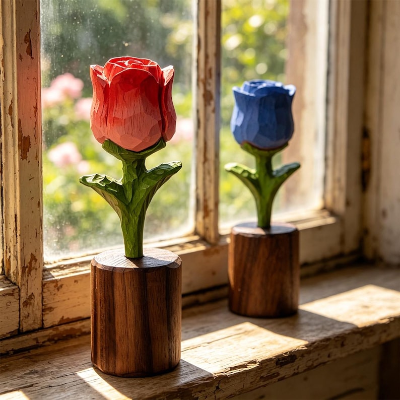 Handgeschnitzte Holz-Rosenskulptur, handbemalt, 11 cm, für Dekoration und Geschenk