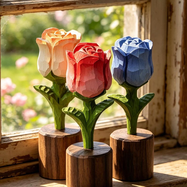 Handgeschnitzte Holz-Rosenskulptur, handbemalt, 11 cm, für Dekoration und Geschenk