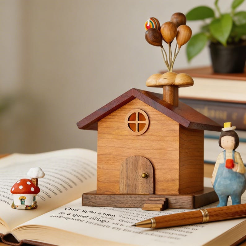 Handgefertigtes Holzhaus Dekor, Cottage Haus Figur, Feenhaus Ornament, 30,5 cm, Cottagecore Schreibtisch Dekor