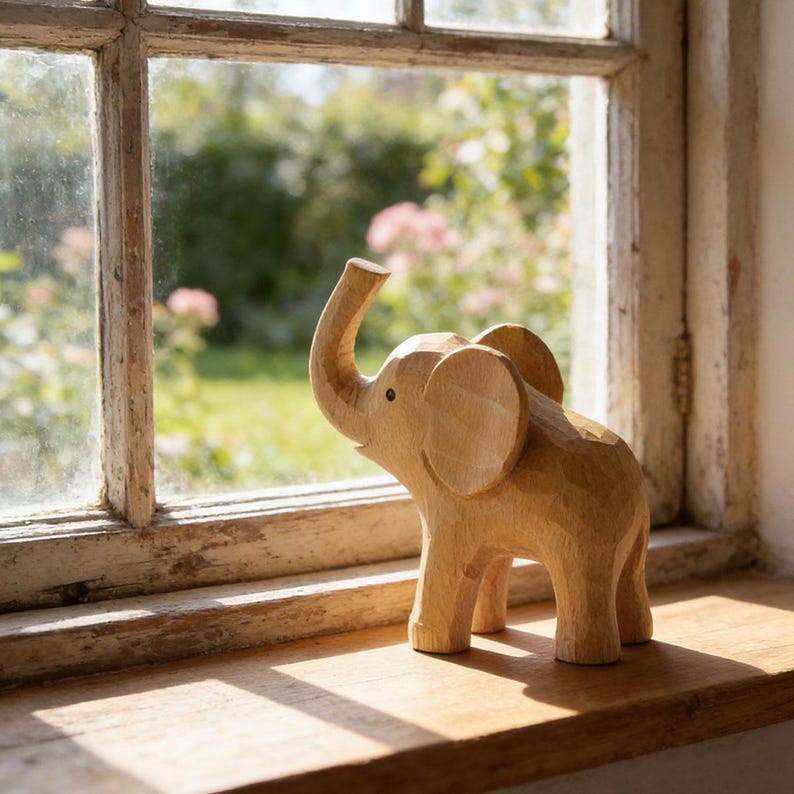 Handgeschnitzte hölzerne Elefantfigur, Cottagecore Tierskulptur, Glücksbringer Dekor, 9 cm